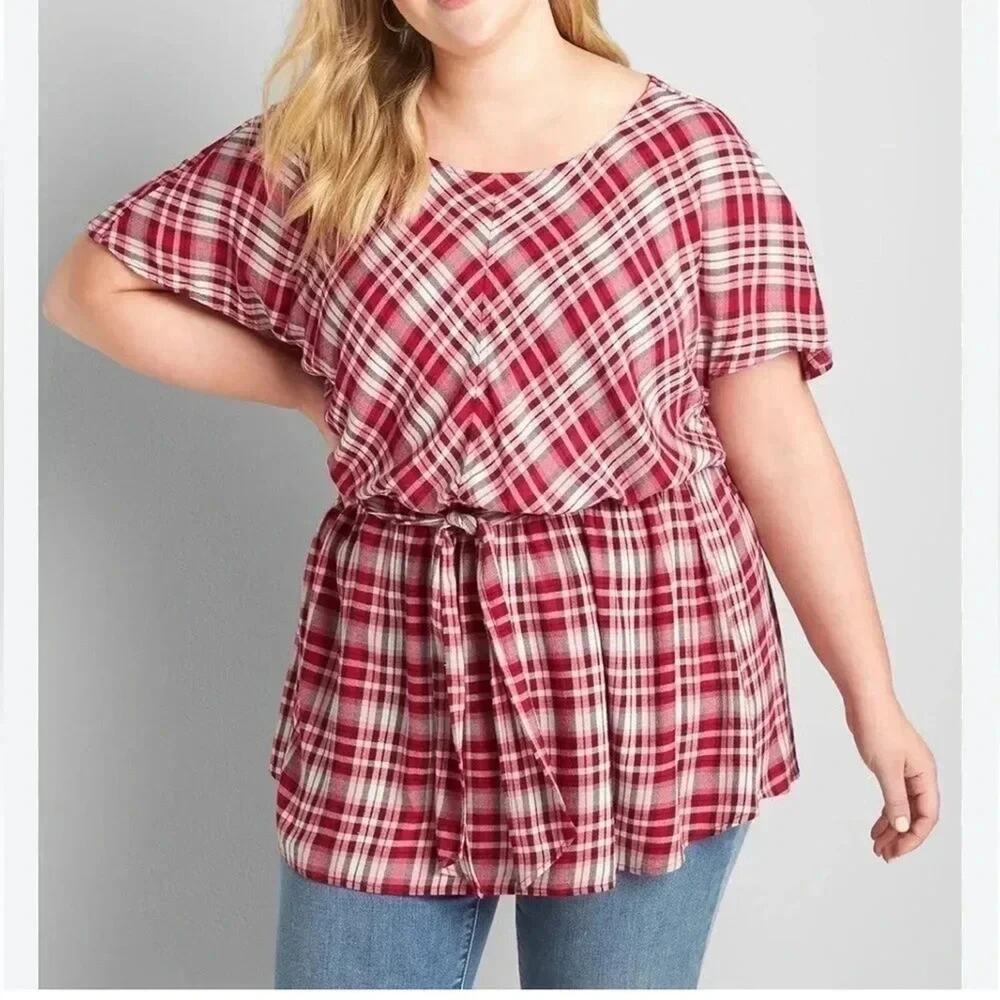 Lane‎ Bryant Womens Blouse plaid peplum Fall Bohemian  Plus Size